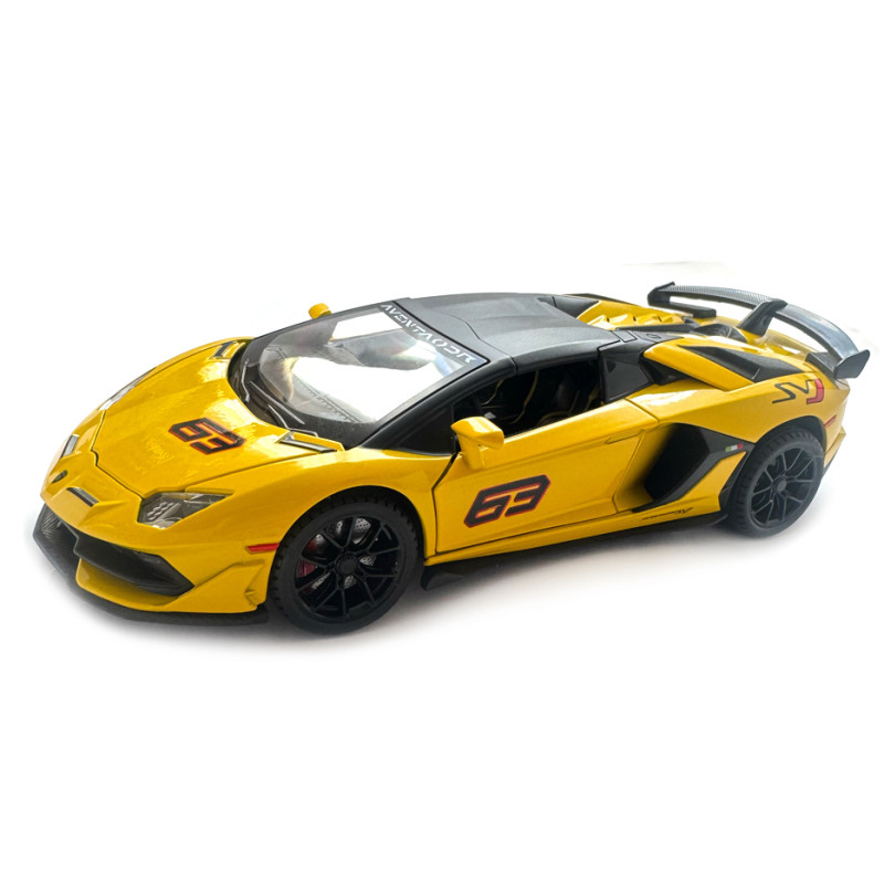 Машинка металева Lamborghini Aventador SVJ63 ламборгіні 1:24 жовта звук світло відкр двері баг капот 21*6*9см (13115)