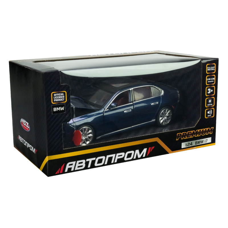 Машина метал BMW I7 БМВ синя 1:24 світло звук 22*6*8см (68288A(B)