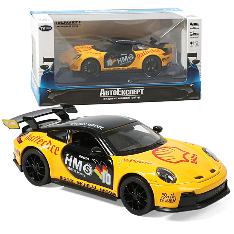 Машинка металл Porsche 911 GT3 RS Порше желтая 1:32 свет звук открыв двери капот багажник (TK-11356)