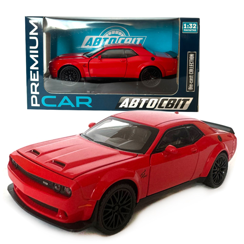 Машинка металева Dodge Challenger SRT Додж червоний звук світло відкр двері багажник капот Автосвіт 1:32, 16*7*5 см (AP-1992)