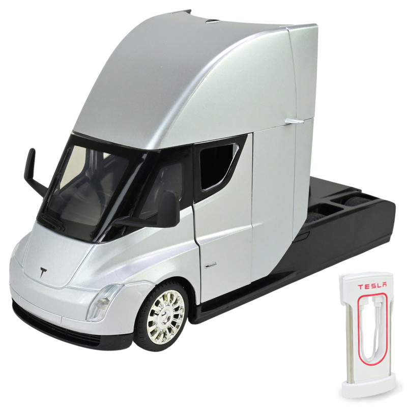 Машина метал Tesla semi truck head Тесла вантажівка срібло 1:24 світло звук 20*7*12см (AP7731)
