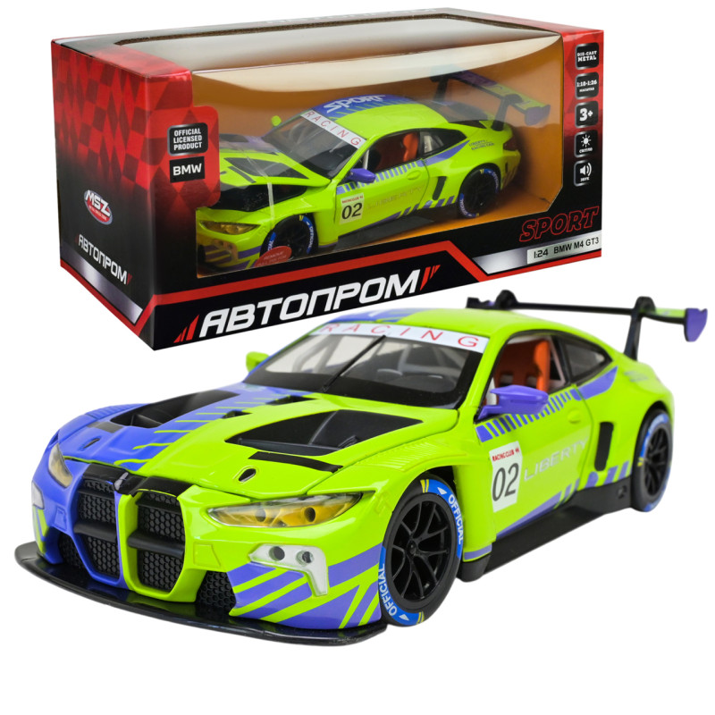 Машина метал BMW M4 GT3 БМВ зелена 1:24 світло звук відкр.двері 21*8,5*6см (68282A(PG)