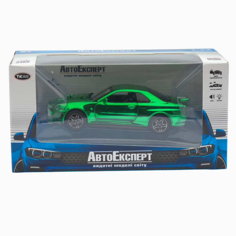 Машинка метал Nissan Skyline GT-R (R34) АвтоЕксперт зелена хром 1:32 звук світло інерція (ТК-9360)