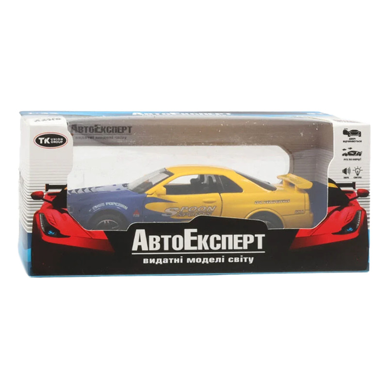 Машинка металева Nissan Skyline GT-R R34 Автоексперт жовто-синя 1:32 світло звук відкр двері (60822)