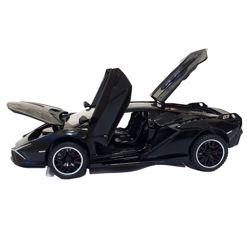 Іграшкова машинка металічна Lamborghini Sian (Ламборгіні сіан) "АвтоЕксперт", чорна, світло, звук, інерція, відкр двері, багажник, капот, 15*6*4см, 28104