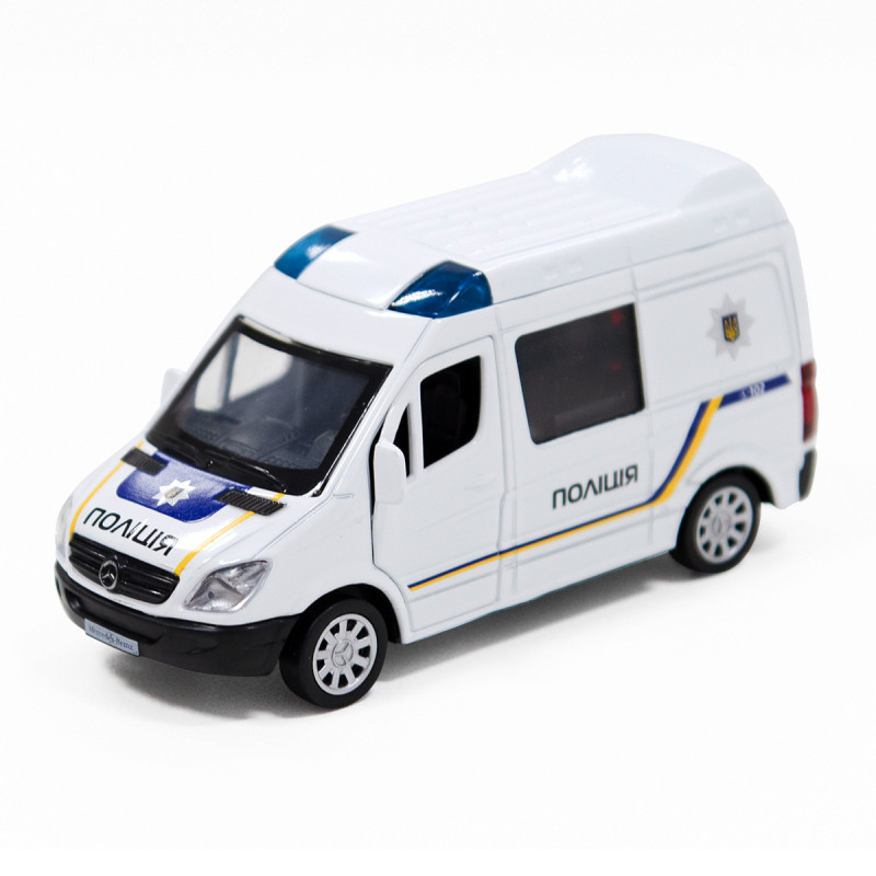 Машинка металева дитяча Mercedes-Benz Sprinter Поліція, біла, відкриваються двері, 4*11*5см ( 250294)