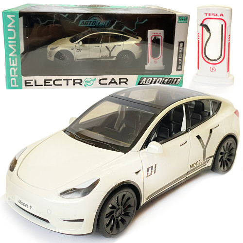 Машинка металева Tesla Model Y Electrocar Тесла Модель Y Електрокар біла 1:24 зарядна станція звук світло відч двері капот багажник гум колеса 18*6*8см (AP-2002)