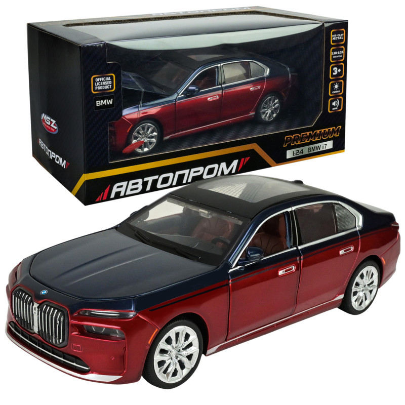Машина металл BMW I7 БМВ красно-черная 1:24 свет звук 22*6,5*8см (68288A(R)