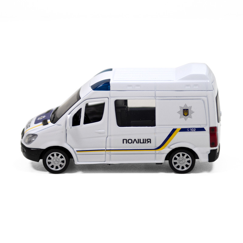Машинка металева дитяча Mercedes-Benz Sprinter Поліція, біла, відкриваються двері, 4*11*5см ( 250294)