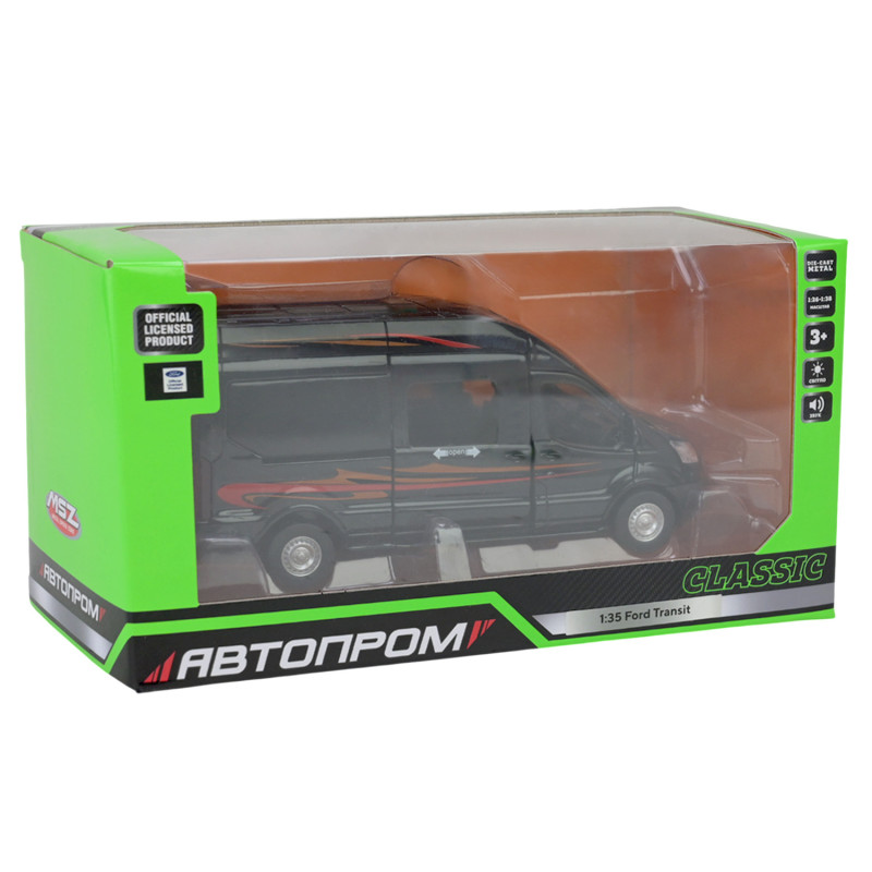 Автобус метал Ford Transit Форд Транзіт чорний 1:35 світло звук відкр двері 17*6*7,5 см (68453)