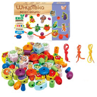 Розвиваюча іграшка дерев'яна шнурівка WToys намистинки фігурки овочів (63732)