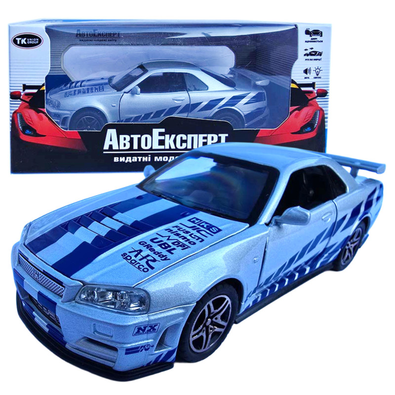 Машинка металева Nissan Skyline GT-R R34 Автоексперт срібляста 1:32 світло звук відкр двері (60822)