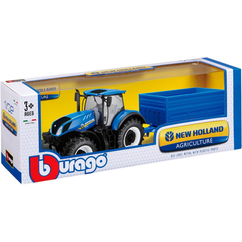 Спецтехника трактор New Holland T7.315 HD Bburago, 1:32, с прицепом, синий (18-44067)