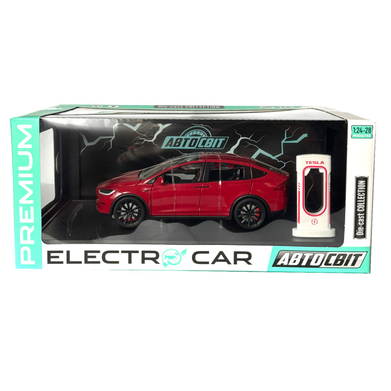 Машинка металева Tesla Model X Electrocar Тесла Модель X Електрокар червона 1:24 зарядна станція звук світло відч двері капот багажник гум колеса 18*6*8см (AP-2004)