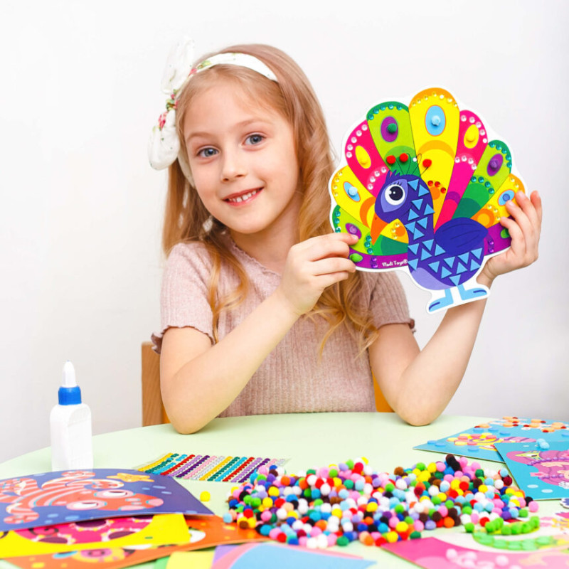 Набір для творчості "Creative Box. Сова" Vladi Toys, 9 картонних картинок, набір страз, набір м’якої мозаїки, набір помпонів, клей (VT4433-08)