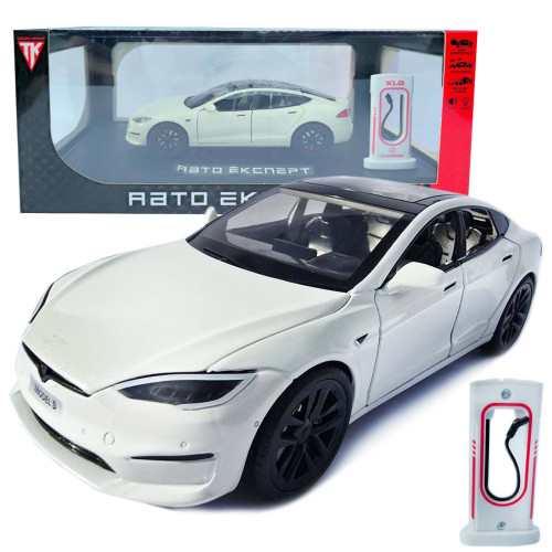 Машинка метал Tesla model S електрокар біла Тесла 1:24 відкр двері баг капот звук світло 17,5*7,5*5,5см (EL 64077)