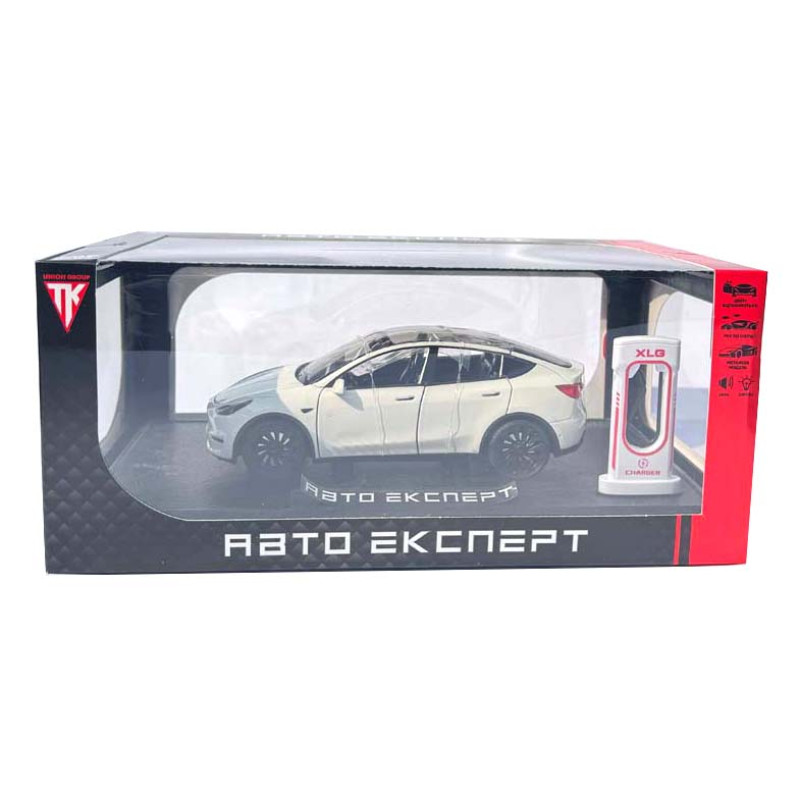 Машинка металева Tesla Model Y Електромобіль Тесла Модель Y біла 1:24 зарядна станція звук світло відч двері капот багажник гум колеса 19*6,5*8,5 см (EL 70333)
