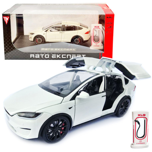 Машинка метал Tesla model X електрокар біла Тесла 1:24 відкр двері баг капот звук світло 17,5*7,5*5,5см (EL 97188)
