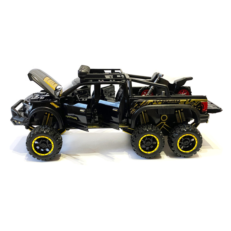 Машинка металева дитяча Ford Raptor з мотоциклом позашляховик, чорна, Автоексперт, 1:24, світло, інерція, відкриваються двері, багажник, капот, 21*9*9см (GT-02291/8762)