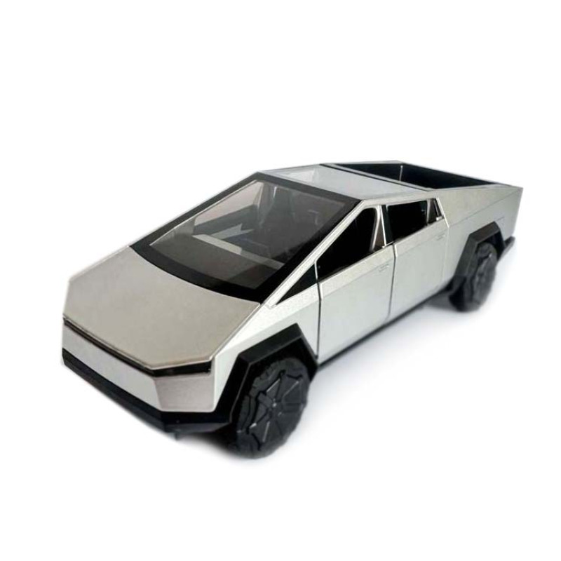 Машинка металева Tesla Cybertruck з мотоциклом срібна Тесла Кібертрак 1:24 відкр двері багажник капот інерція звук світло 17,5*6,5*6,5 см (EL 86545)