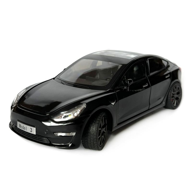 Машинка металева Tesla Model 3 Тесла чорна 1:24 звук світло інерція відкр двері багажник капот гумові колеса 20,5*8*7см (AP-2064)
