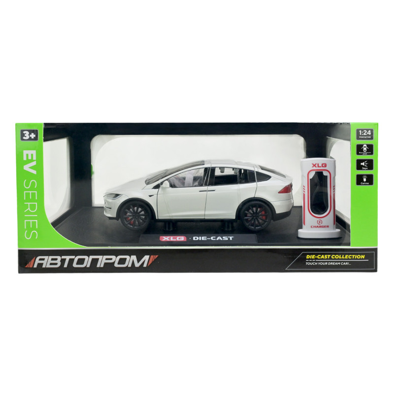 Машинка металева Tesla Model X Electrocar Тесла Модель X Електрокар біла 1:24 зарядна станція звук світло відч двері капот багажник гум колеса 18*6*8см (AP7712)