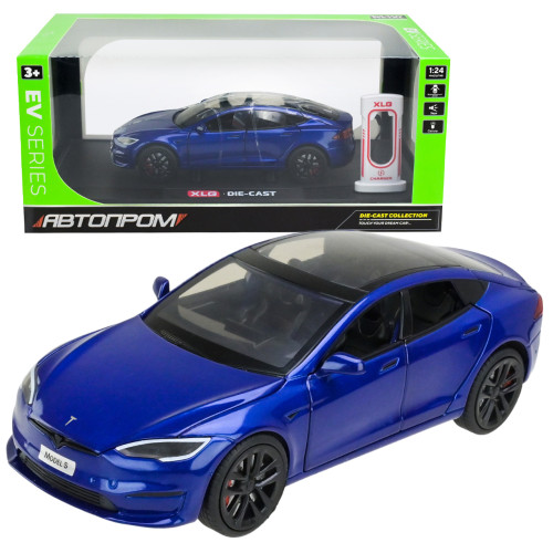 Машинка металева Tesla Model S Electrocar Тесла Модель S Електрокар синя 1:24 зарядна станція звук світло відч двері капот багажник гум колеса 18,5*7,2*5см (AP7713)
