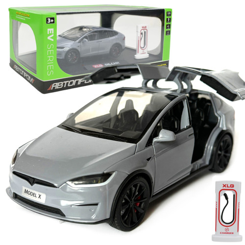 Машинка металева Tesla Model X Electrocar Тесла Модель X Електрокар сіра 1:24 зарядна станція звук світло відч двері капот багажник гум колеса 18*6*8см (AP7712)