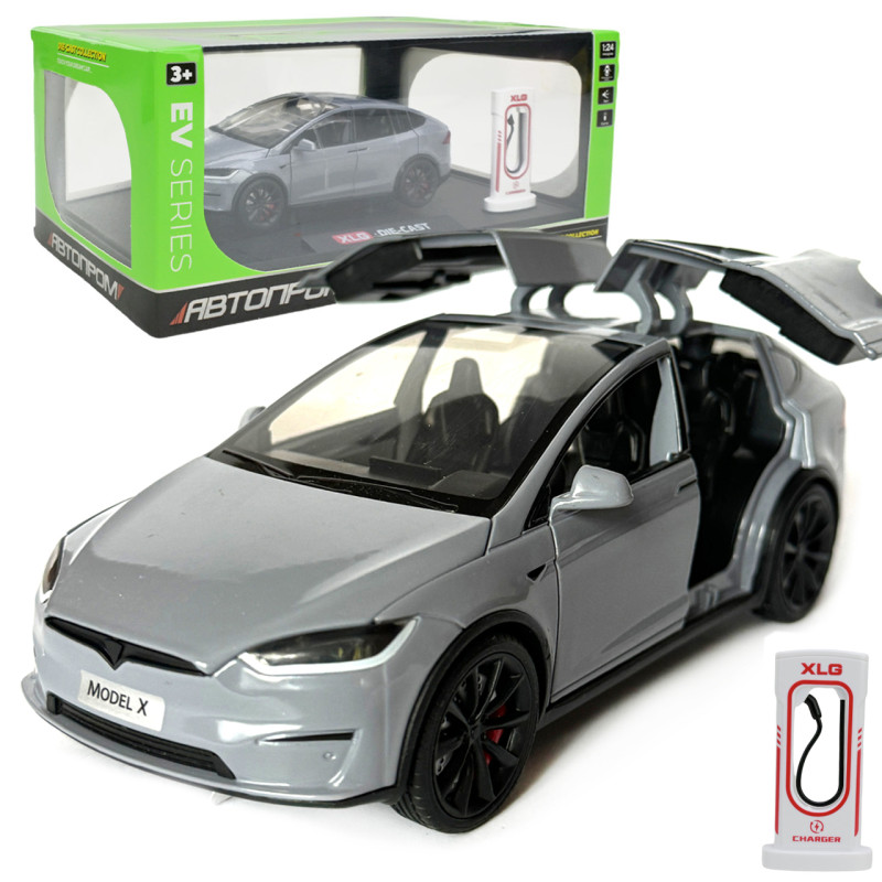 Машинка металева Tesla Model X Electrocar Тесла Модель X Електрокар сіра 1:24 зарядна станція звук світло відч двері капот багажник гум колеса 18*6*8см (AP7712)
