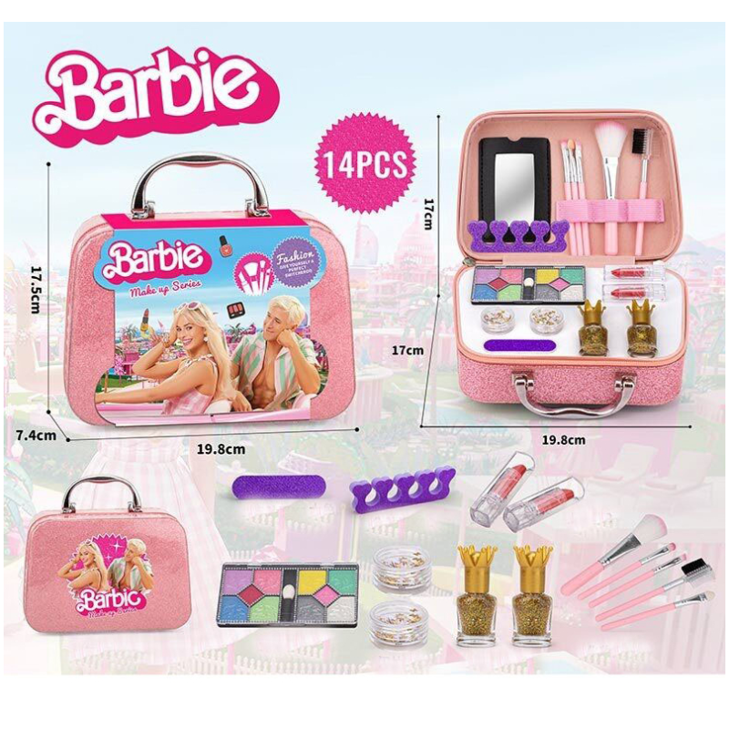 Косметика дитяча, набір косметики Barbie, 14 елементів, пензлики, набір для манікюру, тіні, помади, у валізі 19*7*17см (QH 1001-9 C)