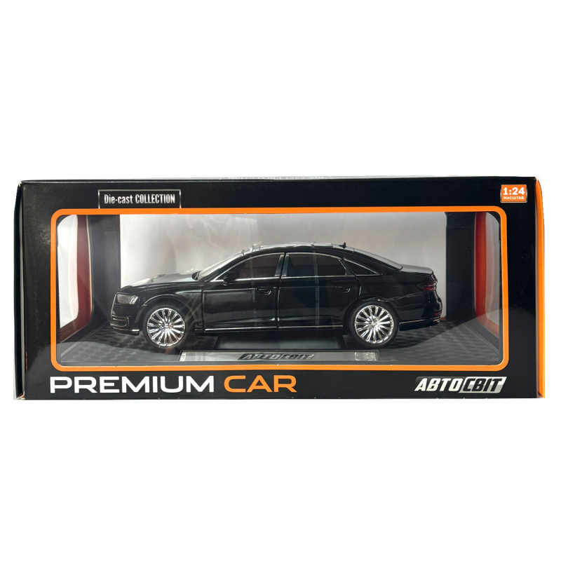 Машинка металева Audi A8 Ауді чорна 1:24 звук світло інерція відкр двері багажник капот гумові колеса 20,5*8*7см (AP-2065)